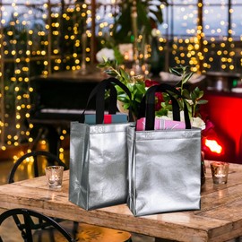 BLEWINDZ 100Pcs Reusable Gift Bags Medium Size – 10.2" Silver Gift Bags Tote Bags with Handles - Ideal as Party Favor Bags, Shopping Bags