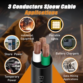 25FT 12/3 SJOOW 300V Wire, 12 AWG 3 Conductor 25FT Portable Power Cable 300V Copper Cord, 12 Gauge 3 Conductor 25 Foot Cable for Motor Leads, Portable Lights, Battery Chargers and Machinery