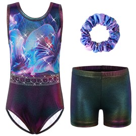 HUAANIUE Girls' Children's Leotard Set Jersey + Shorts + Hair Accessories Sleeveless Dance Suit 3-14 Years, KHB373-Blue Purple