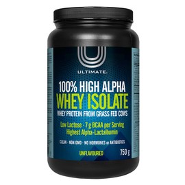 Ultimate 100% High Alpha Whey Isolate Protein Powder, Unflavoured, 750g, High Performance, Grass-fed, Low Lactose, Highest Alpha-Lactalbumin, 7g of BCAA per serving