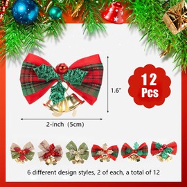 12 Pcs Christmas Bows with Bells Xmas Wreath Bows Ornaments Small Linen Bowknot Mini Bows for Christmas Tree Decor Crafts Holiday Wedding Party Presents Wrapping Supplies (6 Styles Mixed)