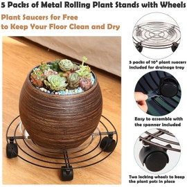 5 Packs Metal Plant Caddy 11.8" Plant Dolly with Wheels Heavy-duty Wrought Iron Rolling Plant Stand with Casters Indoor and Outdoor Plant Pot Movers Planter Rollers Coaster, Brown