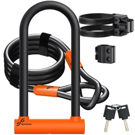 Sportneer Bike Lock: Heavy Duty Bike U Lock with 6ft Security Steel Cable - 18mm Shackle Bicycle U-Locks with Keys and Sturdy Mounting Bracket for Road Mountain Bike Bicycle-Size 11.5''x6.25'', Orange