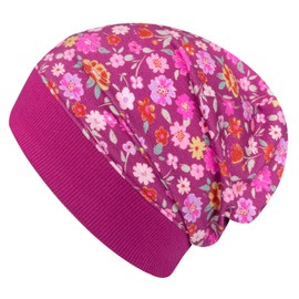Wollhuhn Eco Lightweight Soft Girls/Children's Beanie Hat Cuffs Elastic Transition Period / Summer Jersey Cotton (Eco Fabrics, Organic) (Flowers Berry, M) 20150225, Flowers Berry