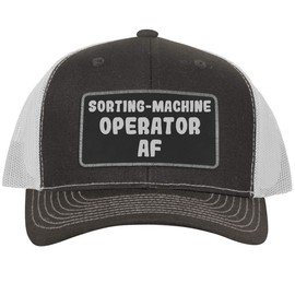 Sorting-Machine Operator AF - Leather Black Patch Engraved Trucker Hat, Grey-White, One Size