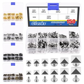 Glarks 150 pieces silver spike rivets, 6 mm, 7 mm, 8 mm, 9 mm, 10 mm, 12 mm, pyramid quick rivets, studs, square, punk spikes, leather craft, decoration for clothing, belt, bags, shoes