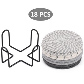 BTYMS 16Pcs Grey & Linen Woven Drink Coasters Set with 2 Metal Holders, Absorbent Reusable Cup Coasters for Coffee Table Home Decor, Minimalist Bar Accessories Housewarming Gift (4.3 Inch)