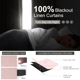 Pinch Pleated Heavy Flax Linen Baby Pink Curtains 90 Inches Long for Bedroom 2 Panels Set, Elegant Blackout Insulated Window Curtain with Hooks Rings for Nursery / Office Room Darkening Viral Drapes