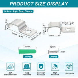 MECCANIXITY 20Pack Rigid Pipe Strap Fit for 5x10mm Strip/Cable, Stainless Steel U Shape Cable Strap Clamp with 1 Hole for Conduit, Wire, Cord, Pipe Fixing