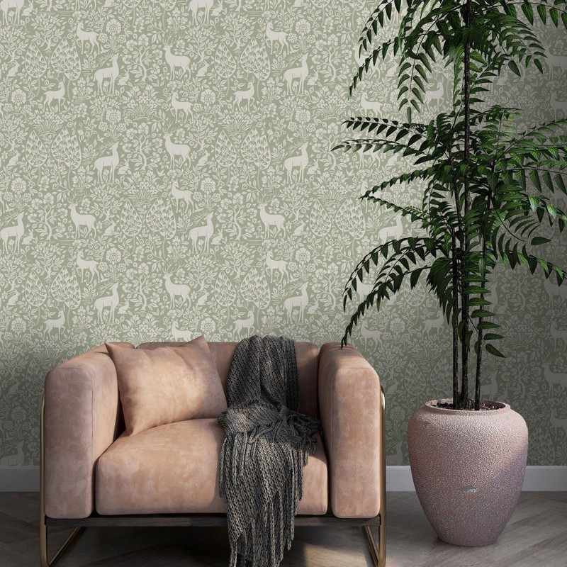 YöL Deer Woods Animals Forest Sage Green Wallpaper - Contemporary