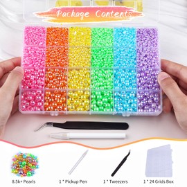 Kikonoke 8500PCS Rainbow Flatback Pearls Set, 3/4/6/8mm Pink Purple Blue Half Round Pearls Bedazzling Bead with Tweezer and Pickup Pen for Nail Art Wedding Tumbler DIY Crafts
