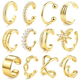 JeweBella Ear Cuff Set Women's 14K Gold Fake Earrings Earcuffs Gold/Silver Ear Clips Women's Without Ear Holes Ear Cuff Adjustable Clip Earrings Fake Piercing Ear Cartilage Ear Cuff, Cubic Zirconia