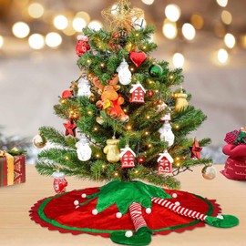 24 Inch Elf Tree Skirt with Striped Legs and Pom, Small Red and Green Tree Skirt for Pencil Tree, Quilted Elf Themed Decorations and Ornaments for Tabletop Christmas Tree