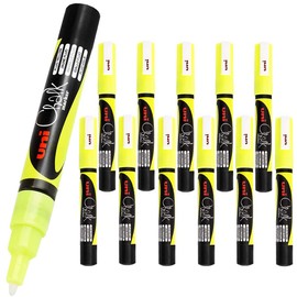 12 x Uni-Ball Wet Erase Liquid Chalk Marker Pens For Glass (Windows & Mirrors), Whiteboards, Signs And Non-Porous Blackboards (0.9-1.3mm Bullet Tip) - FLUORESCENT YELLOW