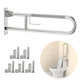 Toilet Grab Bar 32 Inch, YuanDe Brushed Nickel Anti-Slip Support Rail, U Shaped Flip-Up Grab Bar with Paper Holder, Stainless Steel Knurled Handicap Safety Handrails for Disabled Elderly Pregnant