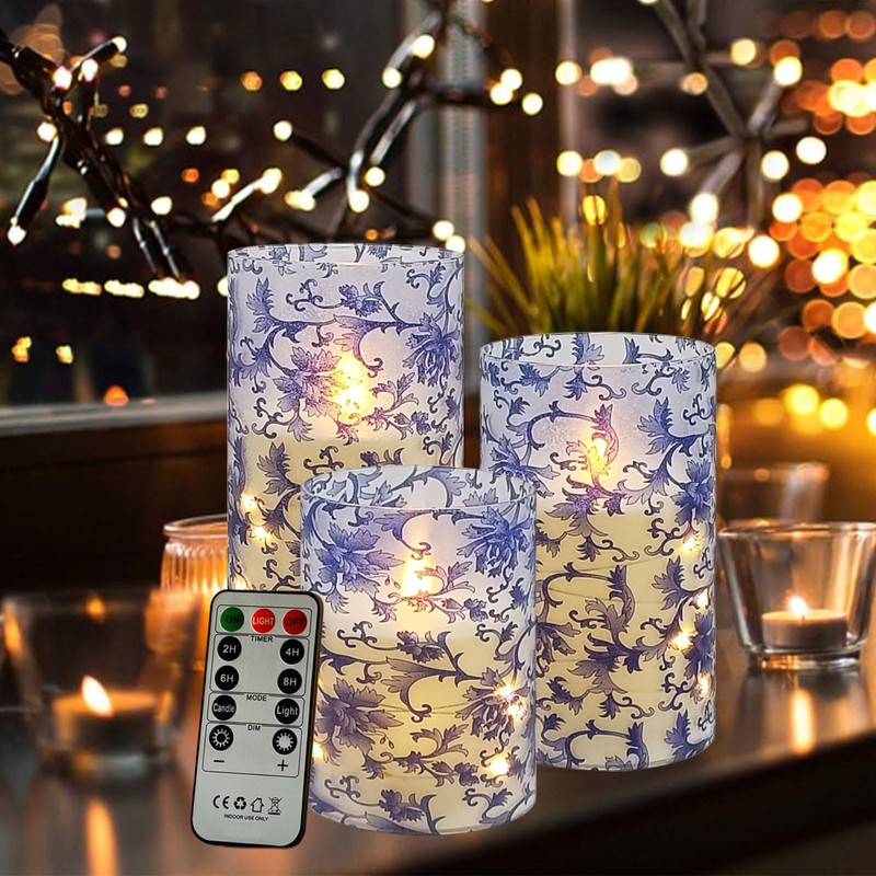 Flickering Flameless Candles Blue and White Porcelain Print, Embedded Star