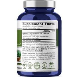 NusaPure Rosemary Capsules | 20:1 Extract, 400 mg Equivalent to 8,000mg | 200 Veggie Caps | Non-GMO