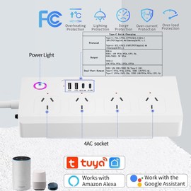Zauzau Smart Surge Protector Power Board - 4 Widely Outlets with 4 USB Ports(2 USB C), 1.5M Extension Cord, 1500J Surge Protection Double Switch, Home Office Accessories (White, WiFi Power Board)