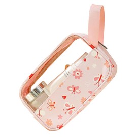 Taysis Translucent Makeup Bag, TSA Approved Toiletry Bag for Travel, PVC and PU Waterproof Travel Pouch with Zipper for Men and Women Carry-on Travel Essentials Cosmetic Bag (Flower-pink)