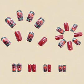 Red Rose Press on Nails Medium Square Romantic Flowers Fake Nails with Glue Red Glossy Acrylic Nails Supply Romantic Rose Stick on Nails for Women Girls Valentines Nail Decoration DIY Manicure
