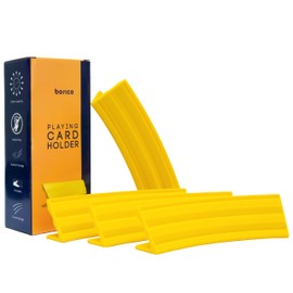 BORICO - Portatarjetas para jugar a las cartas, paquete de 4 soportes para cartas para niños y adultos, bandeja apilable para tarjetas de juego para pacientes con artritis con una bolsa de viaje (amarillo)