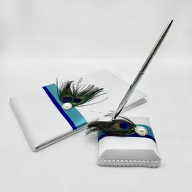 Ansuma Wedding Guest Book and Pen Stand Set with Peacock Feather and Blue Ribbon Decor Luxury Wedding Reception Favor Accessory (Guestbook+Pen Set)