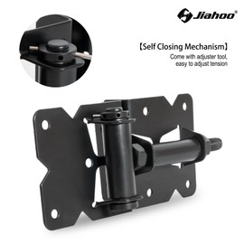 JIAHOO Self-Closing Gate Hinges, Heavy Duty Door Hinges for Wooden/Vinyl/PVC Fences, 90 Degree Adjustable Gate Hinge Hardware Kit with Spring Adjuster Tool, Black(1 Pair-2 Hinges)