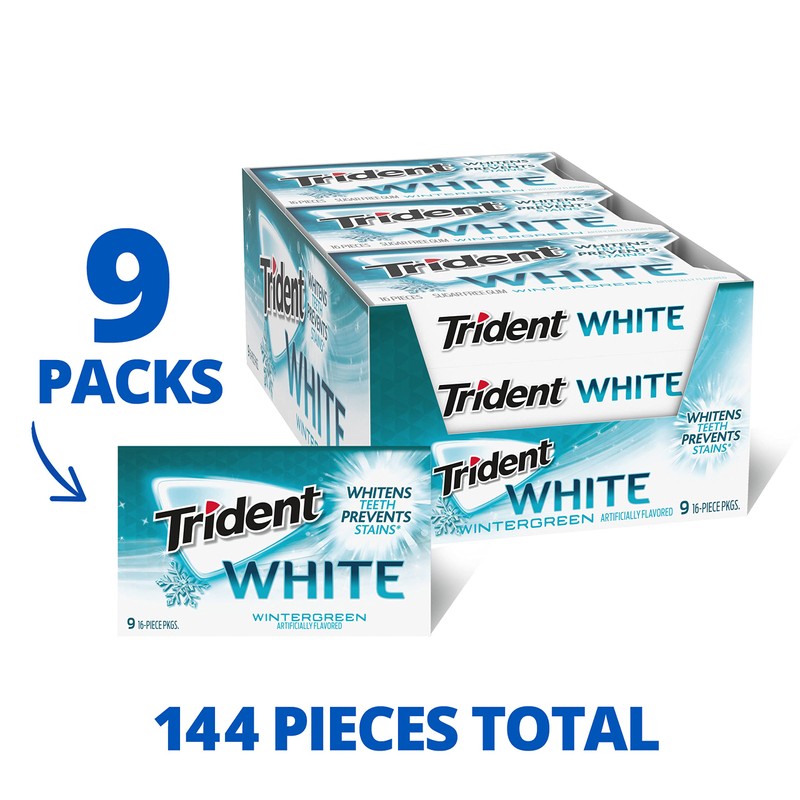 Trident White Wintergreen Sugar-Free Chewing Gum, 9 Packs of 16