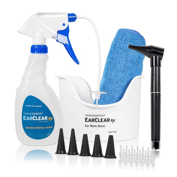 Ear Cleaning Kit by Nuance Medical EarClear Rx - Flexible Tip Kit with Otoscope Penlight, Basin and 20 Disposable Tips and Microfiber Towel