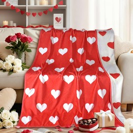 Valentine's Day Throw Blanket, Heart Red and White Reversible Flannel Throw Blanket, Soft Lightweight Cozy Love Gift for Girlfriend Wife Couple Women Couch Sofa Bed Decor, 50 x 60 Inch (Heart)