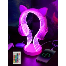 YuanDian Pink Headphone Stand, with 1 USB Charging Port and 2 Type-C Charging Ports, Desk Gaming Headset Holder, 16 Changing Colours with Remote Control, Gift for Gamer Girls