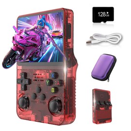 LaoShan R36S Handheld Game Console 3.5 inch IPS Screen Retro Game Console 3500mAh Portable Pocket Mini Arcade 20+ simulators 128G TF Card (Red)