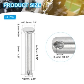 PATIKIL 8 x 50 mm Single Hole Clevis Pins, 4 Pcs 304 Stainless Steel Flat Head Pin for Hitch Pin Lock Link Hinge Systems, Silver