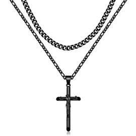 Nymerianoble Cross Necklace for Men, Black Cross Chain Mens Cross Necklaces Layered Men Jewelry Cubna Link Figaro Chain Stainless Steel Crucifix Cross Necklace for Boys Gifts