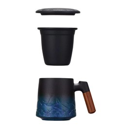 Infusor de te | vaso infusor | Taza De Té Con Infusor de Te y Tapa | infusor de té | infusor | Cerámica Con Mango de Madera Y Filtro | Taza para Café | 16 Oz (Negro y azul)
