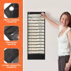 13+1 Daily Schedule Pocket Chart, Visual Schedule for Kids with 2 Hangers 22 Designed Cards, Fun Boho Routine Calendar Chart, Scheduling Pocket Chart for Classroom Supplies (Black)