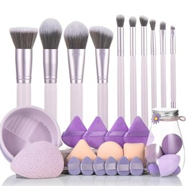 makeup tool set: includes: 10 professional makeup brush set, 6 makeup sponges, 6 mini finger puffs, 6 velvet puffs, 1 face wash puff, suitable for makeup artists and perfect gifts (Purple 30pcs)