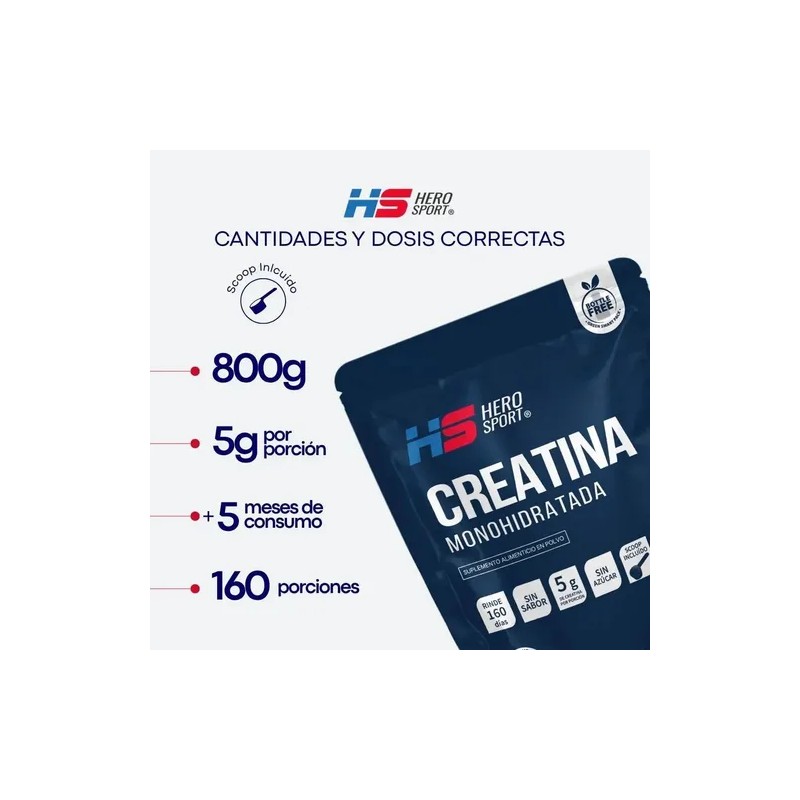 Creatina Monohidratada 800gr 160 Servicios Hero Sport Sabor Sin sabor