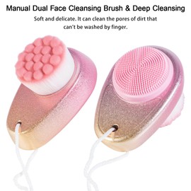Facial Cleansing Brush 2 in 1, Ooloveminso Face Exfoliating Pore Deep Cleansing Brush, Silicone Soft Bristle Dual Face Wash Brush, Face Scrubber for Skincare - Pink