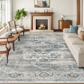 xilixili 9x12 Area Rugs for Living Room, Machine Washable Non Slip Vintage Rug, Non-Slip Stain Resistant, Large Soft Home Decor Rug for Bedroom Dining Room (Blue/Grey,9'x12')