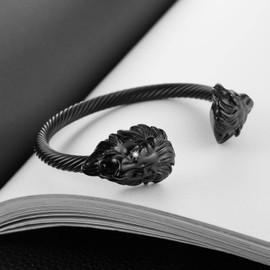 HZMAN Mens Lion CZ Eyes Bracelet Cable Wire Bangle Stainless Steel Gold Plated Biker Punk（Black）