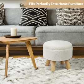 OGEMXU Storage Ottoman, Round Small Ottoman with Storage, Teddy Velvet Foot Stool with Wood Legs, Foot Rest for Chair, Soft Sponge Footstool for Living Room, Couch, Bedroom (Cream)