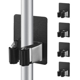 Cokshy 4 Pcs Stainless Steel Broom Holder, Heavy Duty Garden Tool Organizer Rack Rake, Square Rust Resistant Broom Holder Wall Mount for Kitchen Bathroom Closet Garden Garage - Black