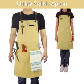 Stenffy Kitchen Apron, Work Apron, Canvas, Multiple Pockets, Gardening, Painting, BBQ, Artist, Carpenter, Sizes M to XXL, Amber