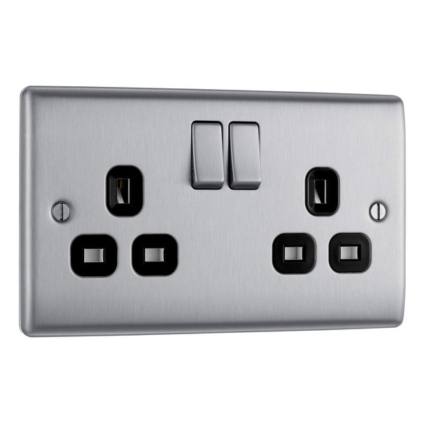 BG Electrical NBS22B-01 Double Switched Power Socket, Brushed Steel with