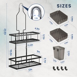Sben Hanging Rustproof Shower Caddy with Soap Dishes and Toothbrush Holder – Space-Saving Bathroom Organizer 4 Hooks for Easy Storage and Convenience (Black)