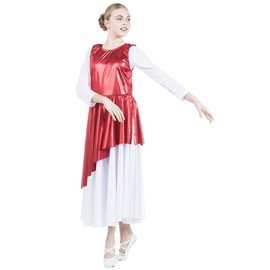 Danzcue Girls Asymmetrical Metallic Praise Dance Tunic, Scarlet, S-M-Child