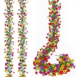 MEIVINES 2 Pack Artificial Flowers Garland Ivy,Spring Summer Decor UV Resistant Fake Daisy Vines Artificial Colorful Silk Flower Garland,Floral Garlands Decoration for Home (Red Yellow Purple, 2PCS)