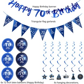 Blue Garland 70th Birthday Banner + Triangle Flags + Birthday Hanging Decoration + 6 Pieces 70th Birthday Balloons 70th Birthday Decoration for Men, Decoration 70th Birthday Man Birthday Decoration 70