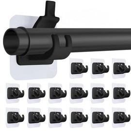 Jersvimc 16Pcs No Drill Curtain Rod Brackets, Nail Free Curtain Rod Hangers Self Adhesive Curtain Rod Holders - Black Curtain Rod Hooks Adjustable Curtain Hangers for Bathroom Home Kitchen